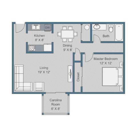 Floor plan for 1 bed, 1 bath, 777 sqft